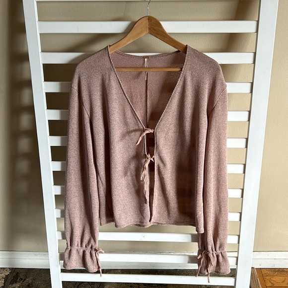 Free People Tops - Free People Double Tie Front Rib Knit Long Sleeve Top Size Small in Taupe Cream